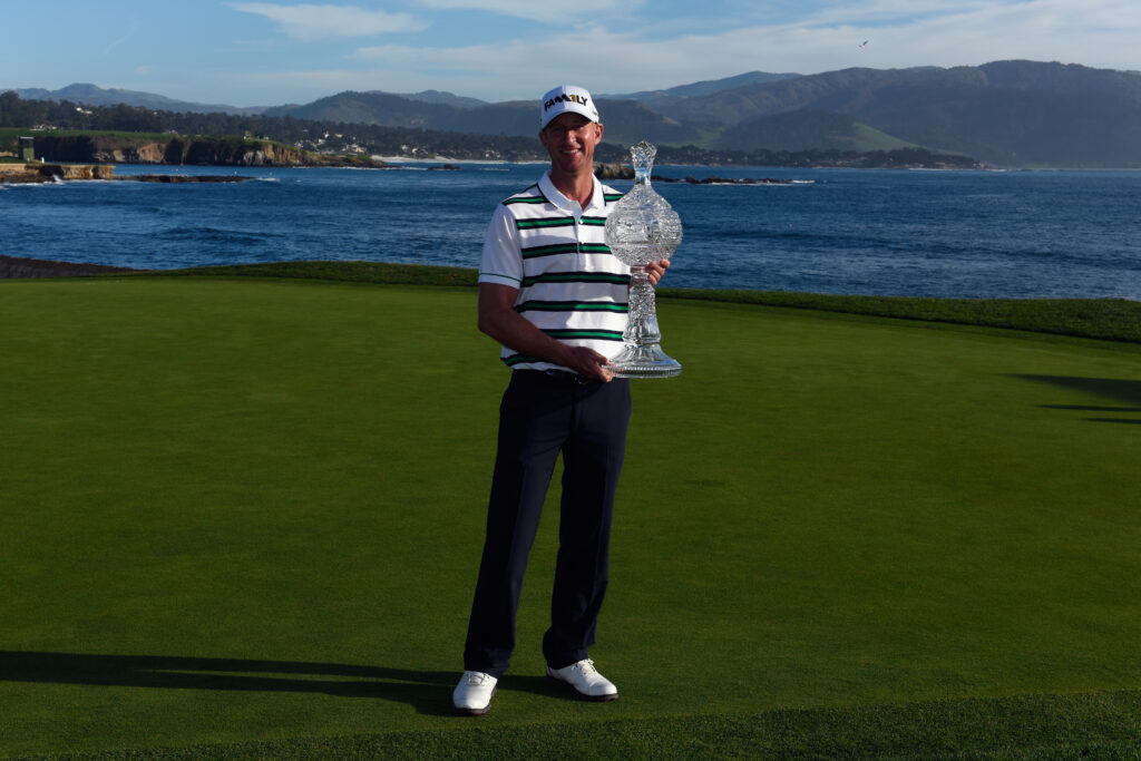 Vaughn Taylor with the trophy after winning the 2016 AT&T Pebble Beach Pro-Am