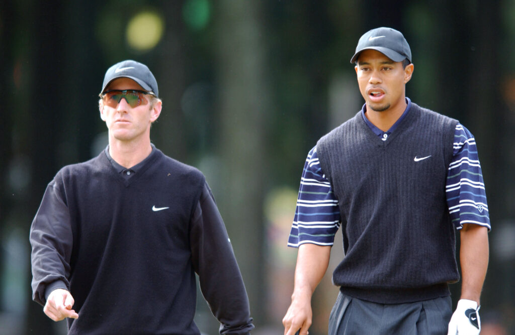 Tiger Woods alongside David Duval during the World Golf Championships at The Taiheiyo Club Gotemba Course in Gotemba, Japan.