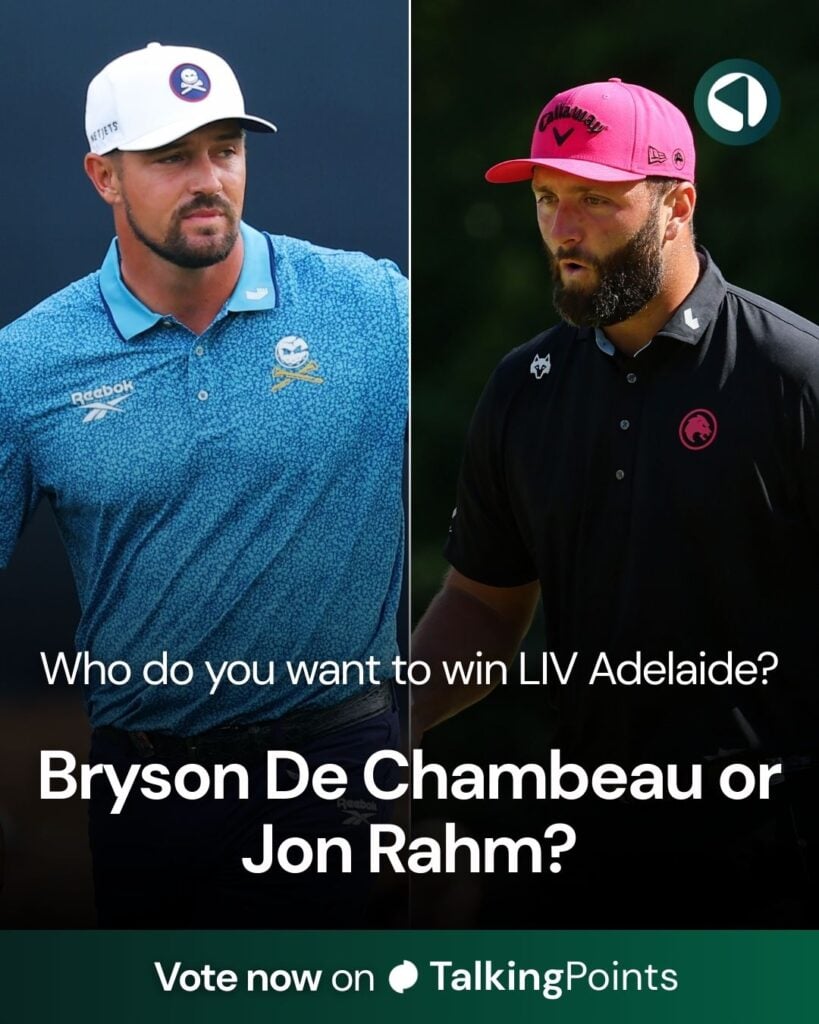 Split image of Bryson DeChambeau in action during the 2025 PGA Championship, left, and right, Jon Rahm during the final round of the PGA Championship.