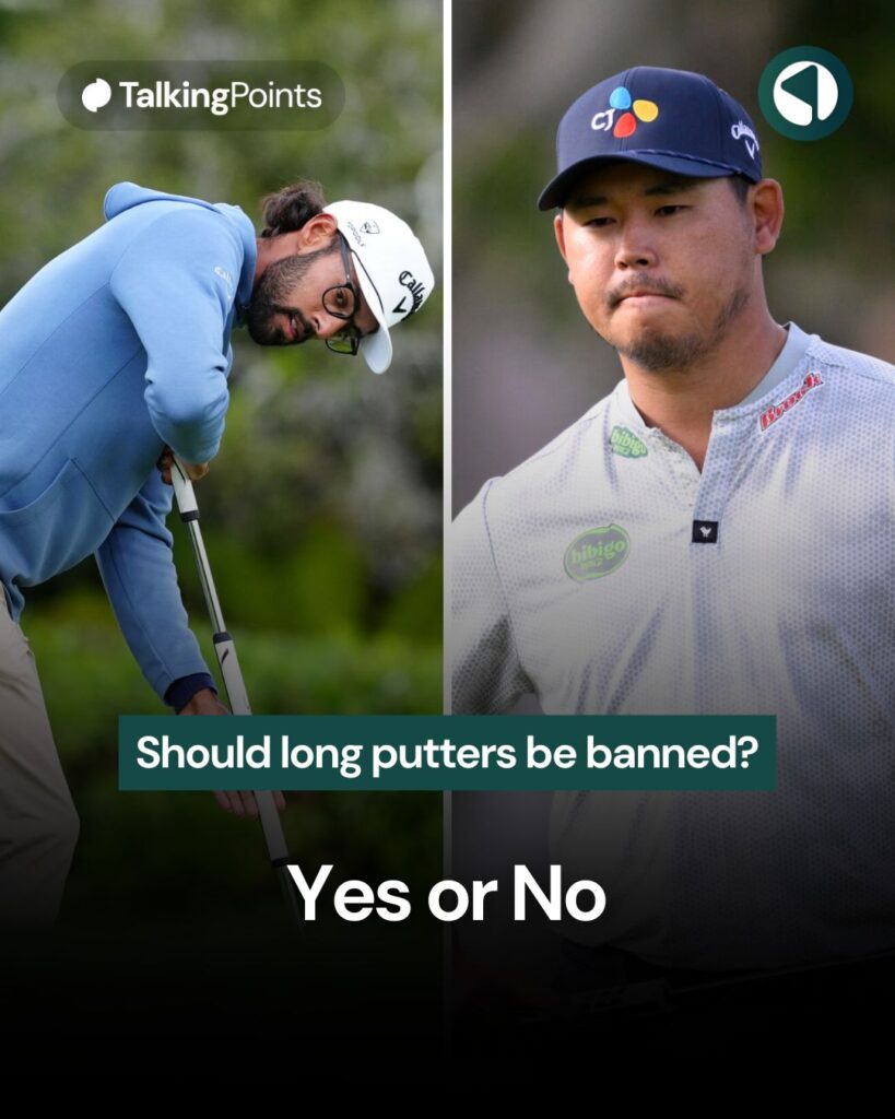 Akshay Bhatia putts on the first hole during the final round at Pebble Beach / Si Woo Kim on the fifth green during the third round of The American Express at La Quinta Country Club
