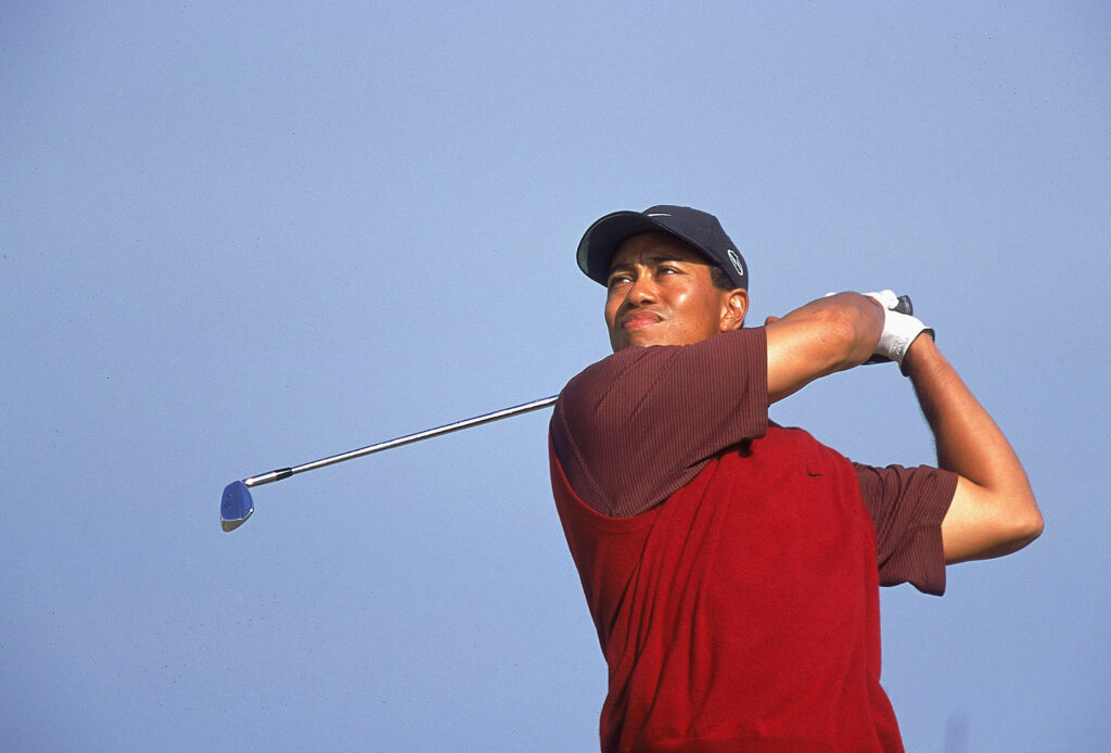 Tiger Woods hits a shot during the final round of The Open Championship in 2000