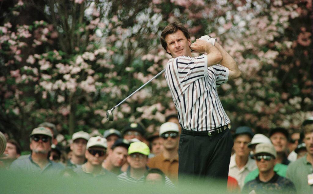 Nick Faldo of England on the second tee during the final round of the 1996 Masters at Augusta National Golf Club in Augusta, Georgia.