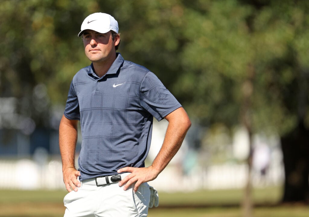 Scottie Scheffler looks on during the final round of the Houston Open