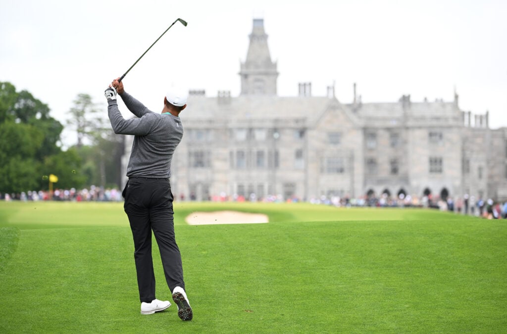 Tiger Woods of United States plays his second shot at the 9th hole during Day Two of the JP McManus Pro-Am at Adare Manor on July 05, 2022