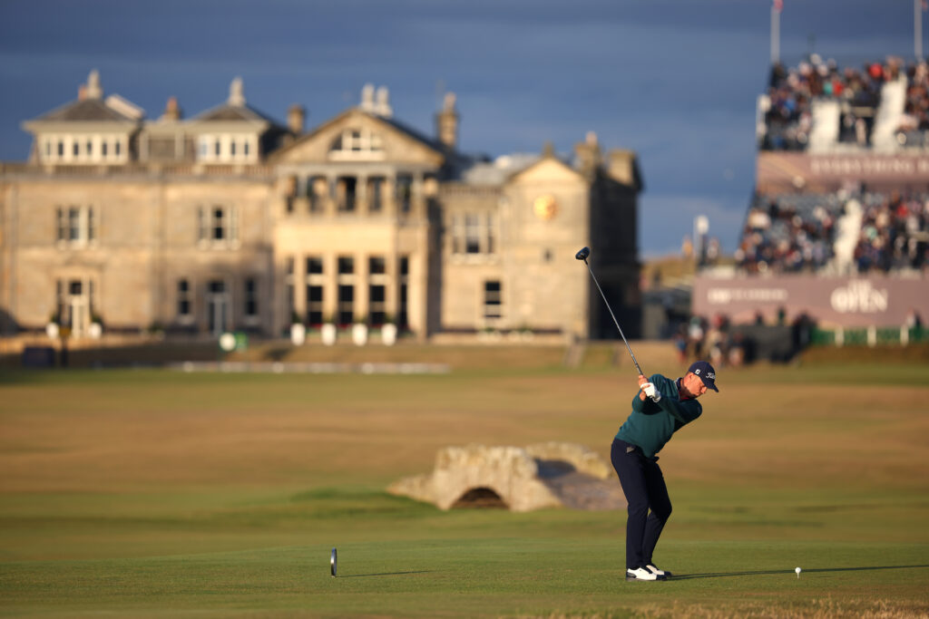 Justin Thomas hits his tee shot on the 18th hole during the second round of the 2022 Open Championship