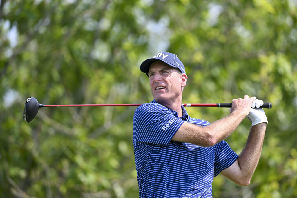 Jim Furyk hits a tee shot during the first round of the Boeing Classic