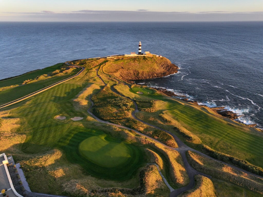 A view from behind the green on the 411 yards par 4, 18th hole 'The Sanctuary' with the approach to the green on the 623 yards par 5, 17th hole 'Lighthouse' at Old Head Golf Links