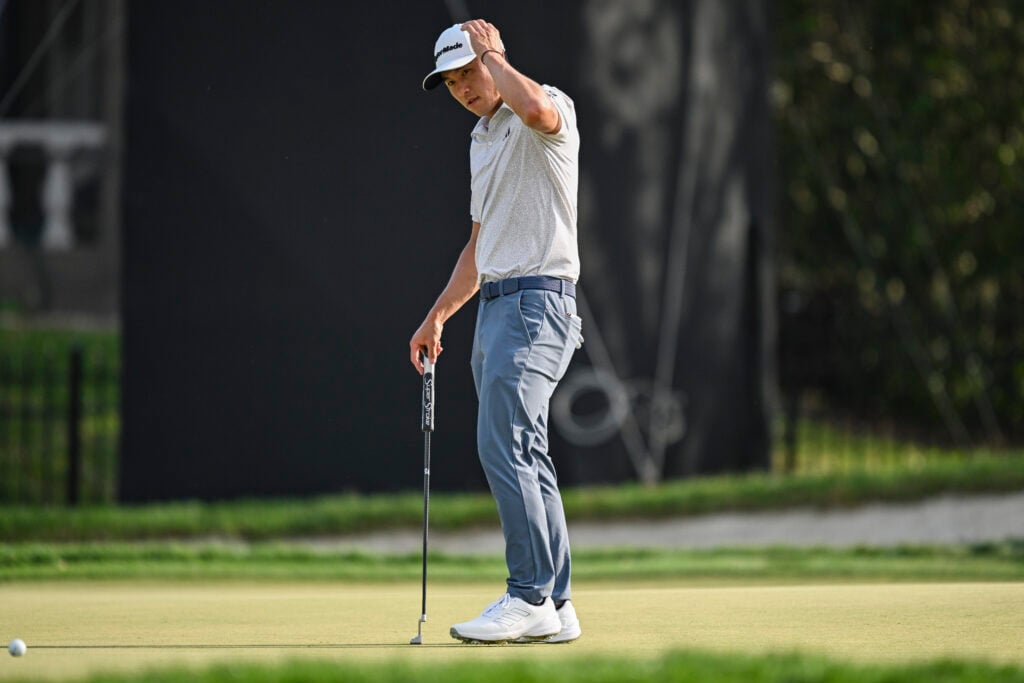 Collin Morikawa reacts to missing his birdie putt on the 16th hole during the final round of the Arnold Palmer Invitational at Bay Hill