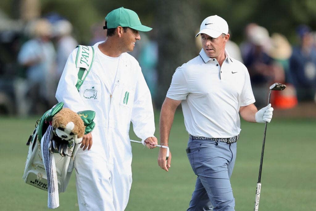 Rory McIlroy with his caddie Harry Diamond on the 15th hole during the third round of the 2025 Masters at Augusta National