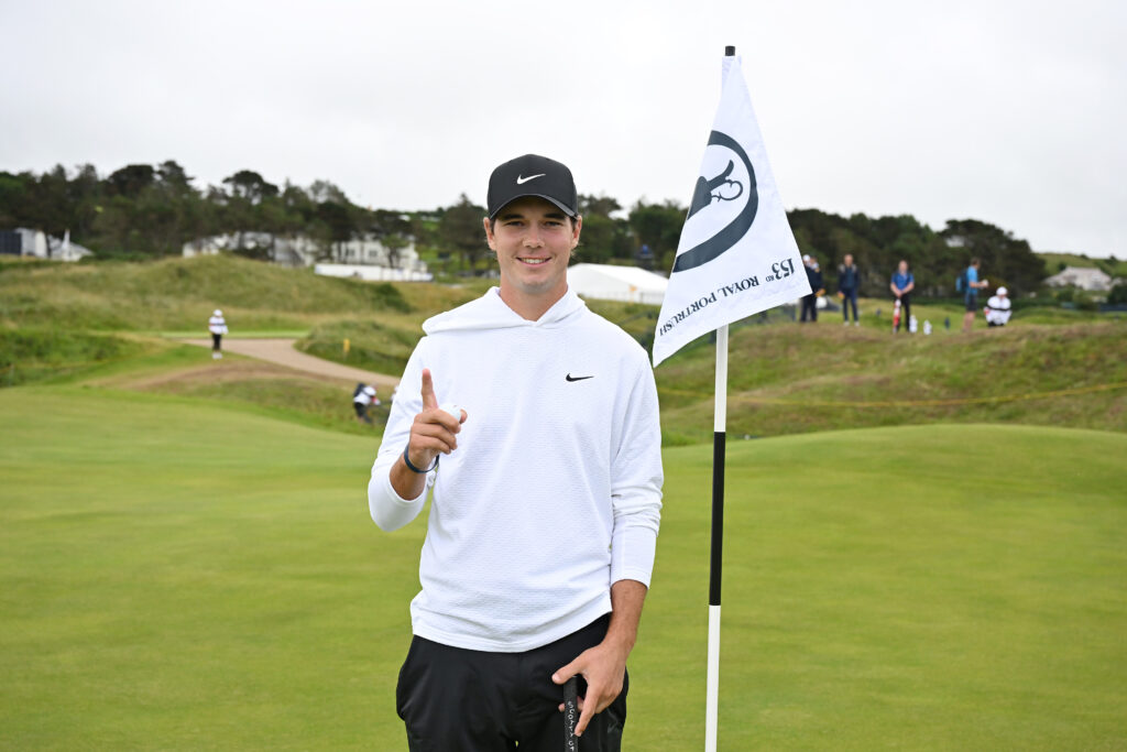 Amateur, Filip Jakubcik of Czech Republic celebrates a hole in one during a practice round prior to The 153rd Open Championship at Royal Portrush Golf Club