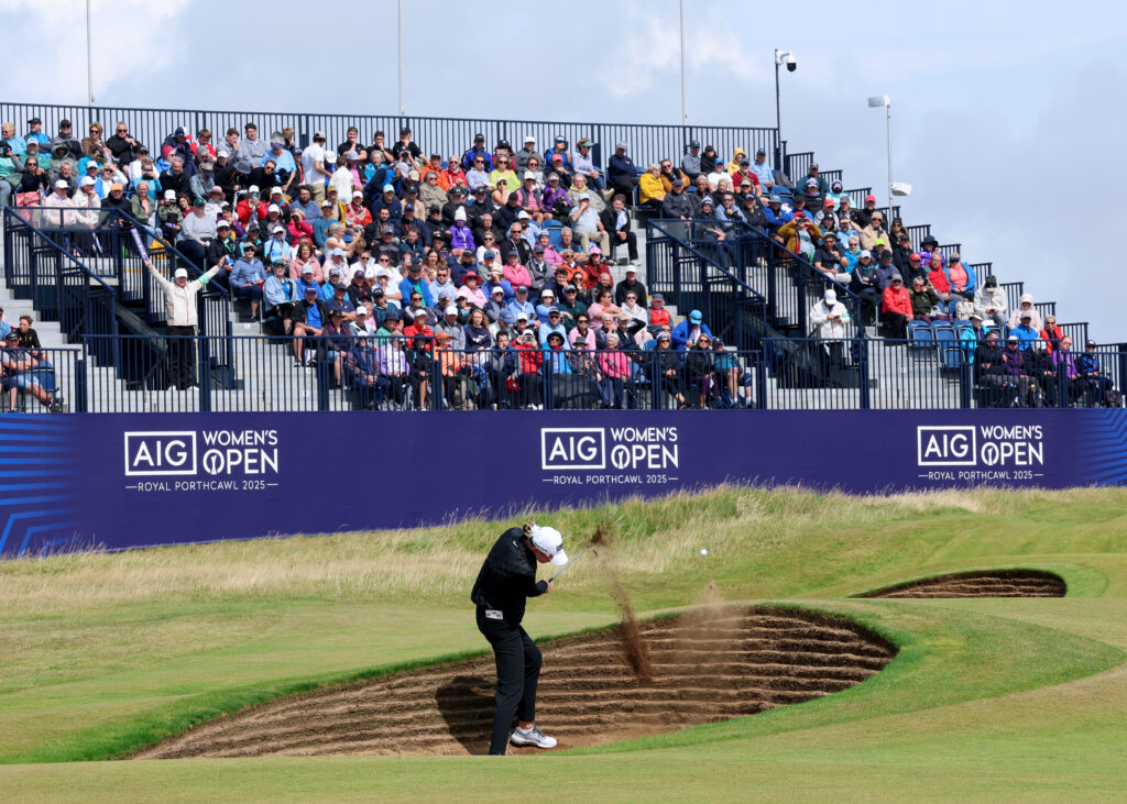 Nelly Korda of The United States plays her third shot on the 18th hole during the final round of the AIG Women's Open 2025 at Royal Porthcawl Golf Club