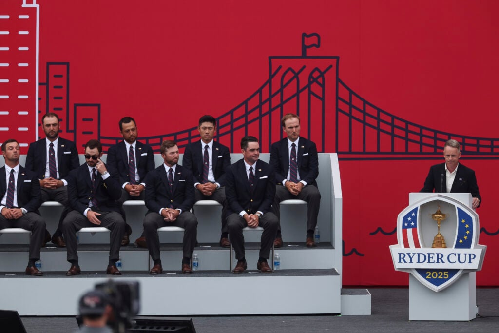 Luke Donald gives a speech ahead of the 2025 Ryder Cup