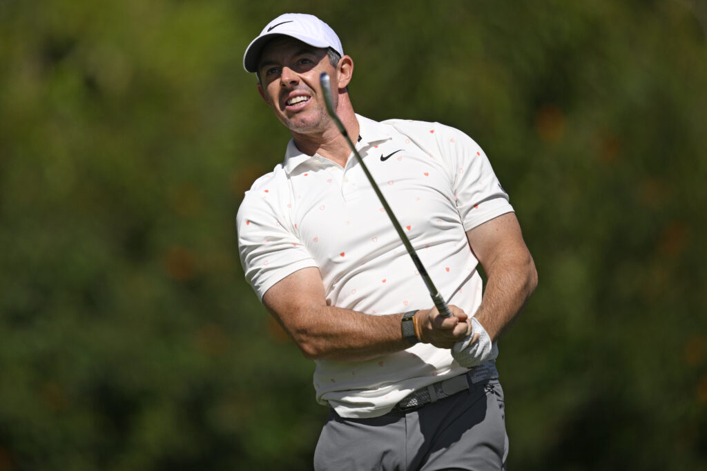Rory McIlroy hits a tee shot during the third round of the Genesis Invitational at Riviera