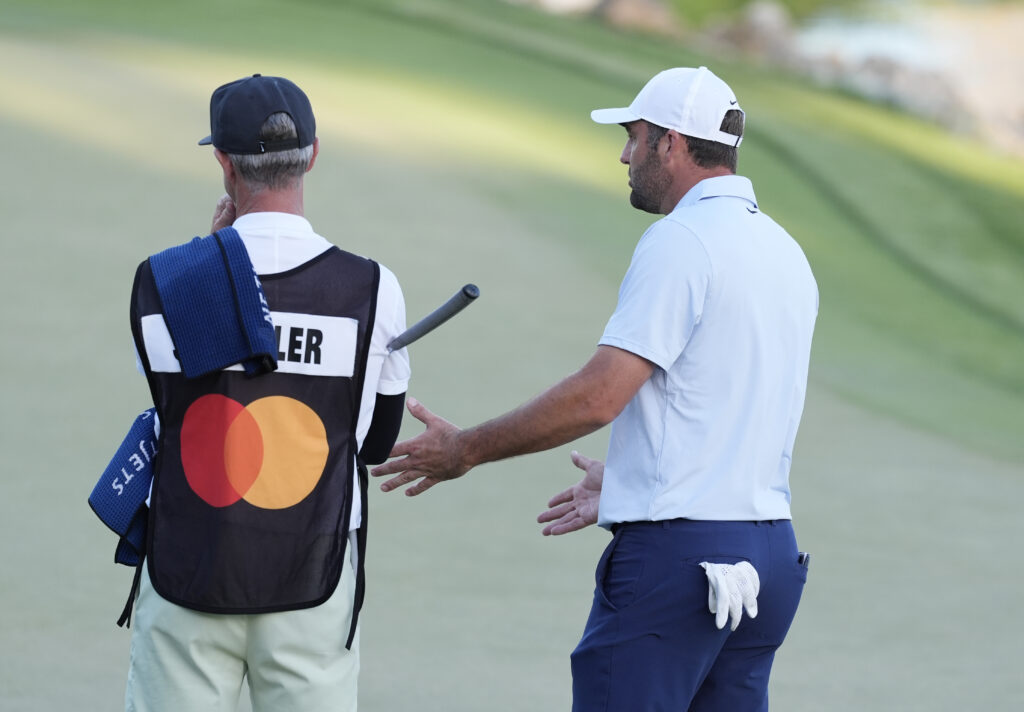 Scottie Scheffler reacts angrily after three-putting the final hole at Bay Hill on day two of the Arnold Palmer Invitational
