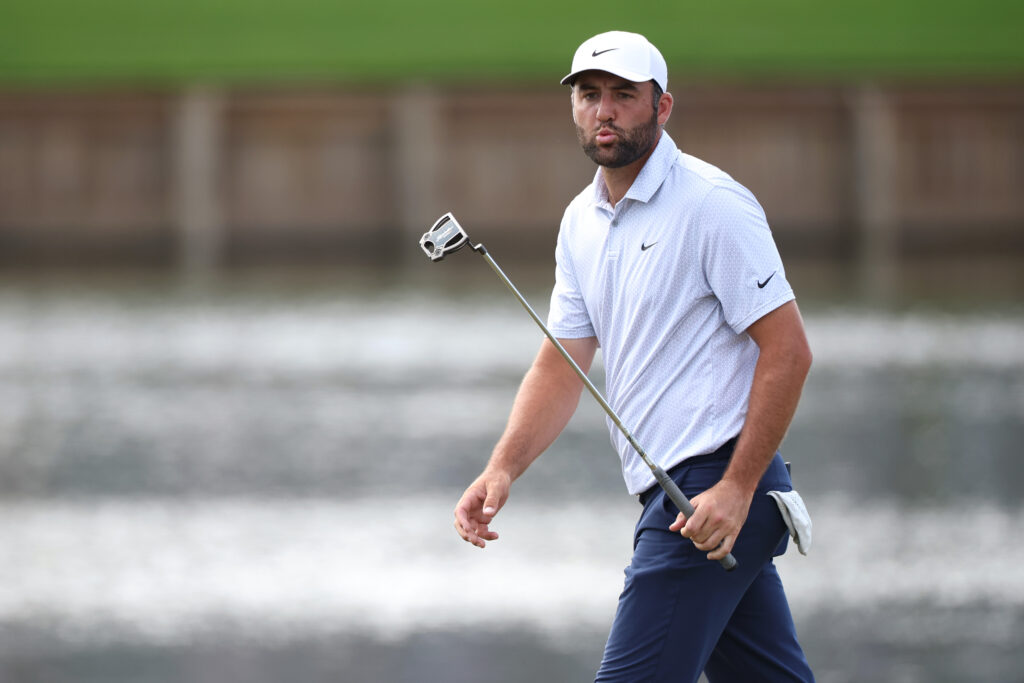 Scottie Scheffler of the United States reacts on the 17th green during the first round of THE PLAYERS Championship 2026 at THE PLAYERS Stadium course at TPC Sawgrass
