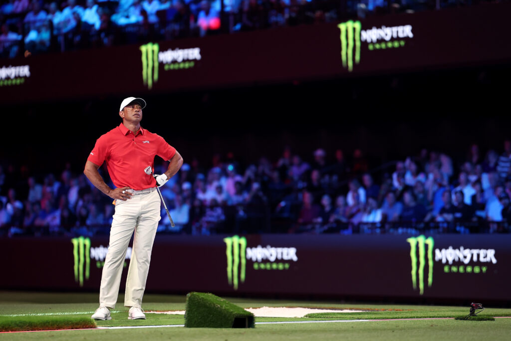 Tiger Woods reacts to his shot during the TGL finals match