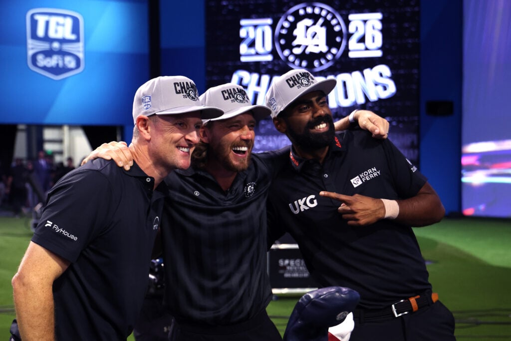 Justin Rose, Tommy Fleetwood and Sahith Theegala of the Los Angeles Golf Club celebrate after defeating the Jupiter Links Golf Club