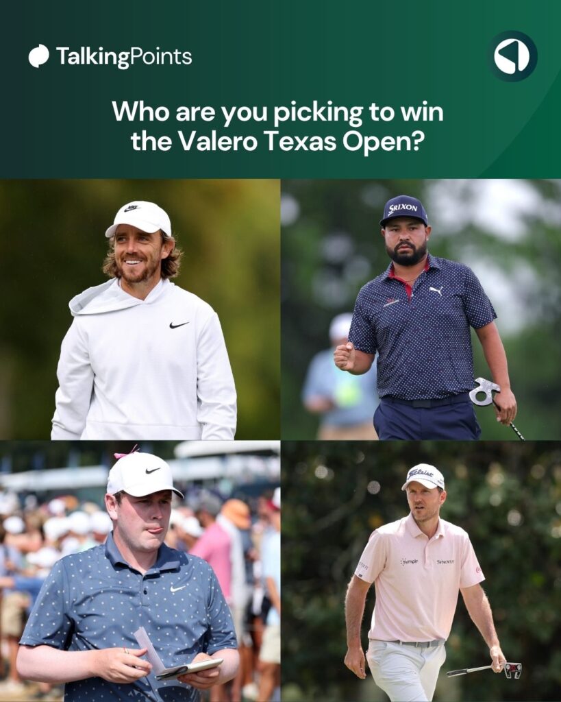 A split image of four PGA Tour players: Tommy Fleetwood, J.J. Spaun, Robert MacIntyre and Russell Henley