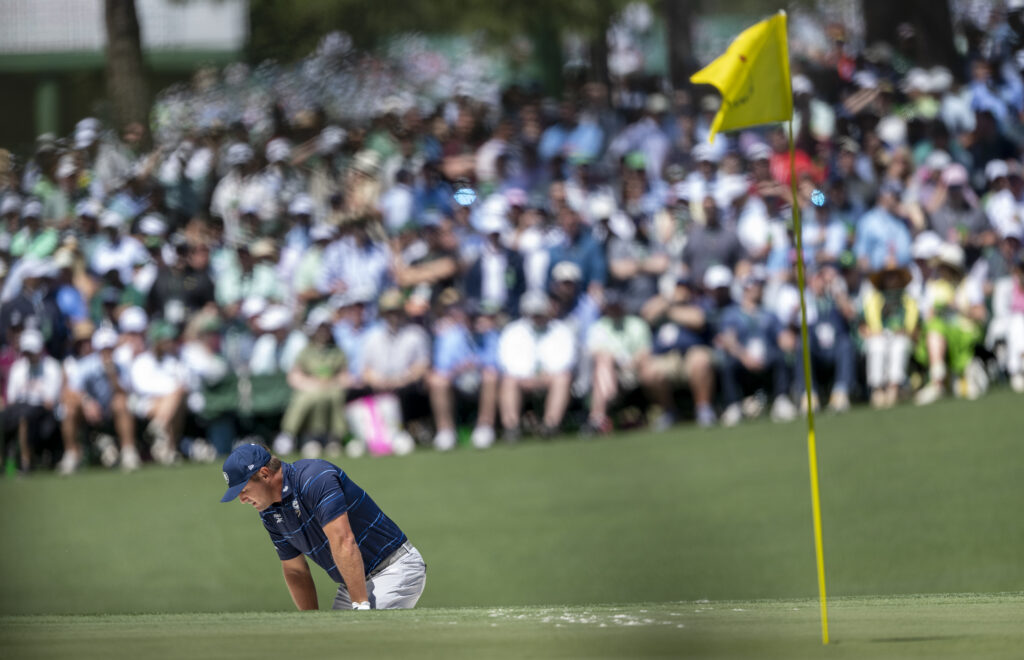 Bryson DeChambeau is left frustrated in the bunker on the 11th hole during the first round of The Masters