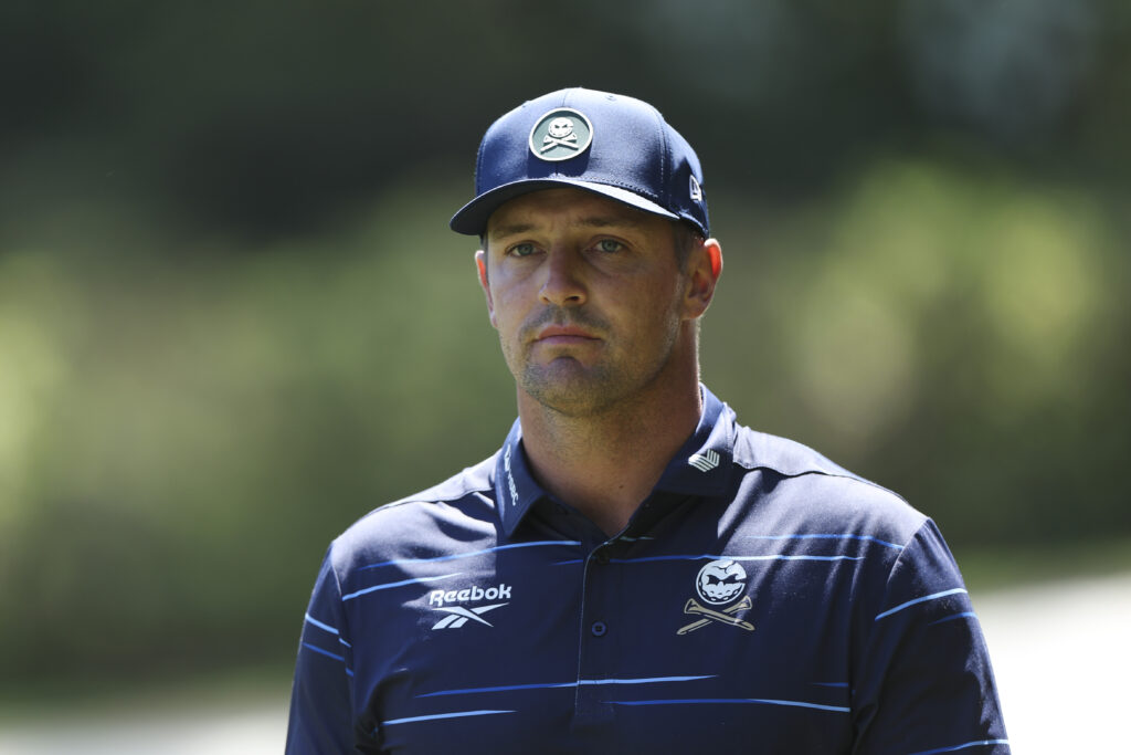 Bryson DeChambeau of the United States looks on while playing the 13th hole during the first round of the 2026 Masters Tournament at Augusta National Golf Club