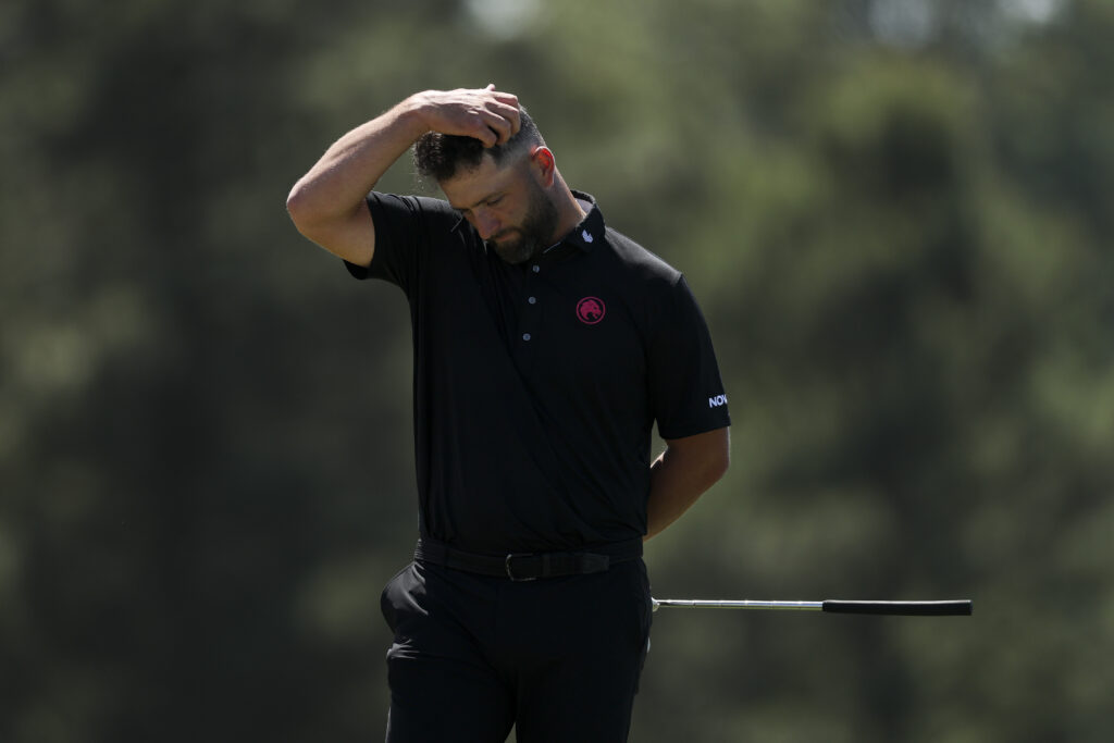 Jon Rahm looks frustrated during the second round of The Masters