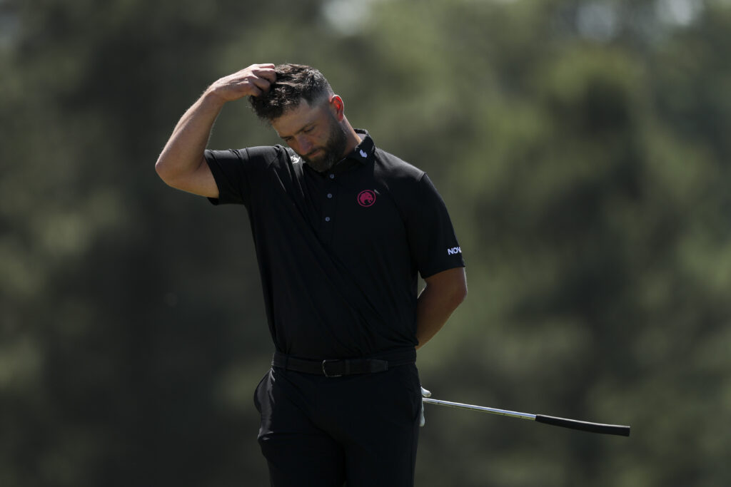 Jon Rahm looks frustrated during the second round of The Masters