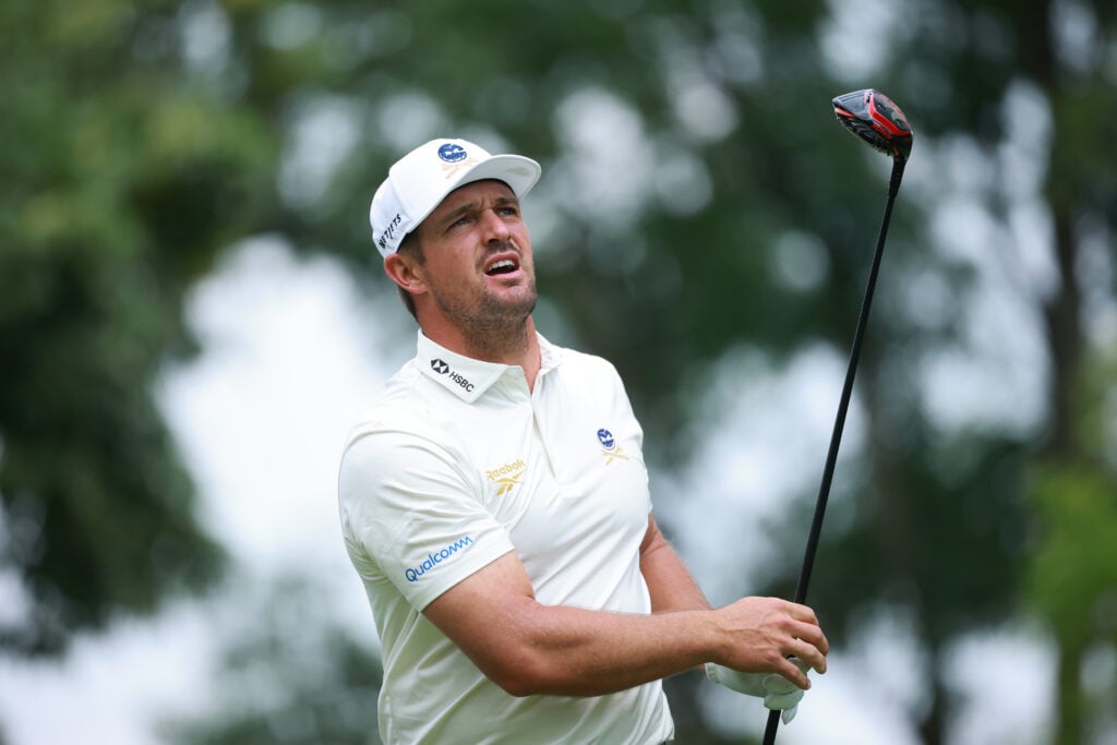 Bryson DeChambeau of Crushers GC plays his shot from the 17th tee prior to LIV Golf Mexico City at Club de Golf Chapultepec on April 15, 2026 in Mexico City.