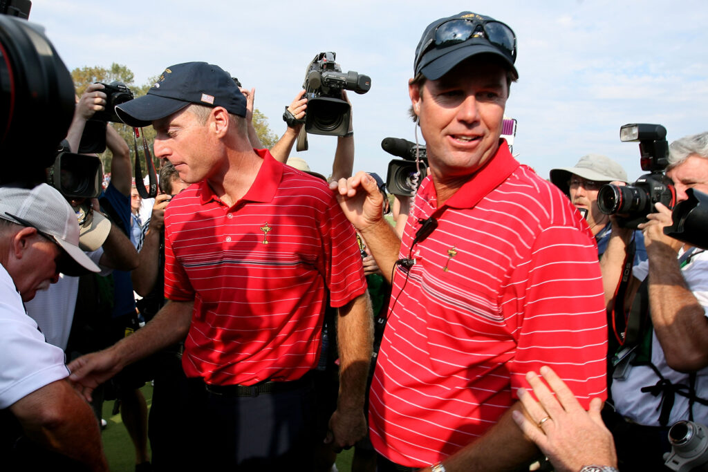 Paul Azinger and Jim Furyk celebrate Team USA's win at the 2008 Ryder Cup
