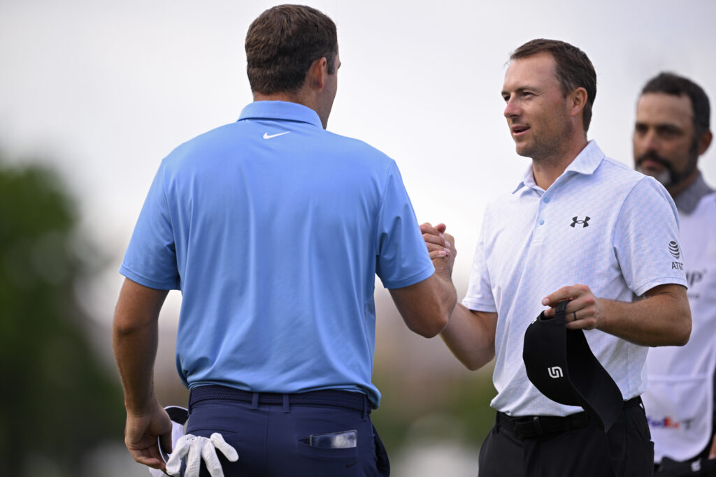 Jordan Spieth and Scottie Scheffler shake hands after round two of The CJ CUP Byron Nelson