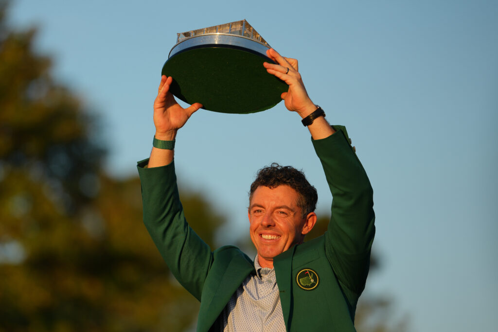 Rory McIlroy lifts The Masters trophy after his 2026 victory