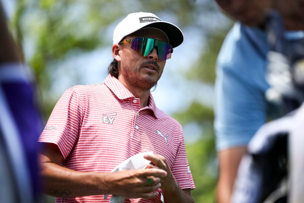 Rickie Fowler looks on while playing the fifth hole during the second round of the Truist Championship 2026 at Quail Hollow Country Club