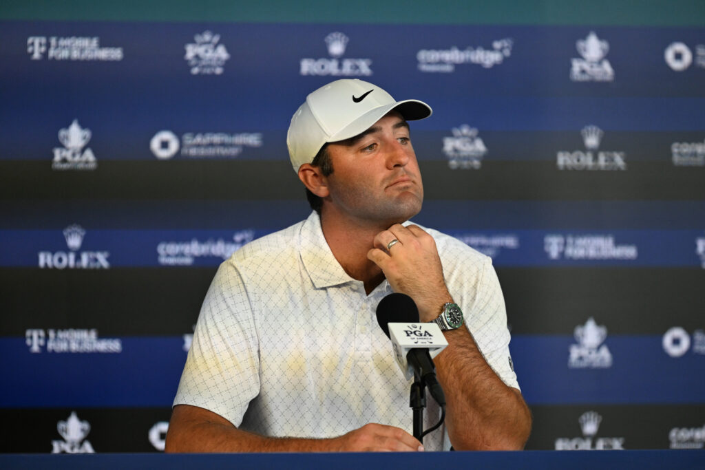 Scottie Scheffler of United States of America speaks to the media during the 2026 PGA Championship on May 12th, 2026 at Aronimink Golf Club