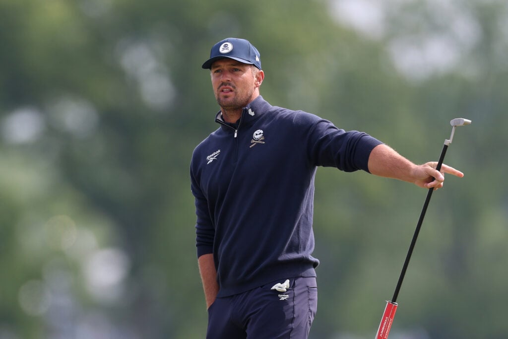 Bryson DeChambeau reacts to his putt during the first round of the PGA Championship