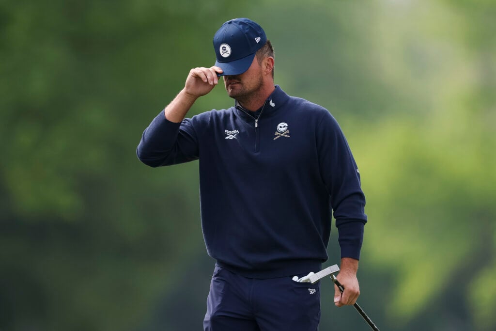 Bryson DeChambeau looks frustrated during the first round of the PGA Championship