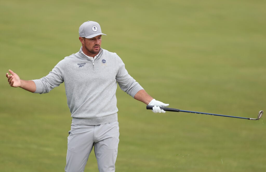 Bryson DeChambeau of the United States reacts on the seventh hole during the second round of the PGA Championship at Aronimink Golf Club