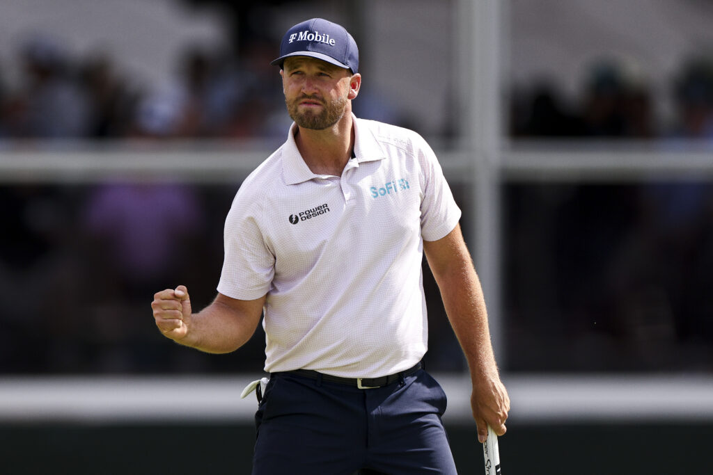 Wyndham Clark of the United States reacts after making a birdie on the 17th hole green during the final round of THE CJ CUP Byron Nelson 2026