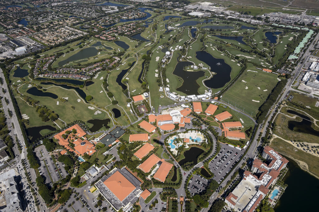An aerial course overview from the MetLife Snoopy One Blimp during the second round of the World Golf Championships-Cadillac Championship at Blue Monster, Trump National Doral