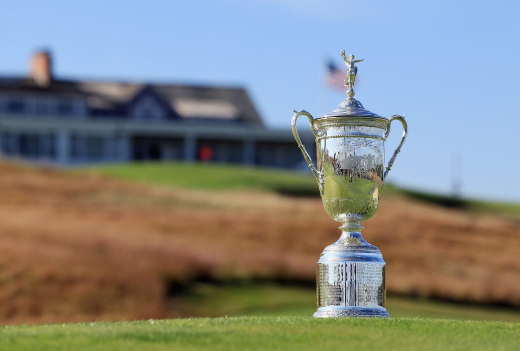 A general view of the U.S. Open Championship Trophy on the golf course at Shinnecock Hills Golf Club on September 15, 2025