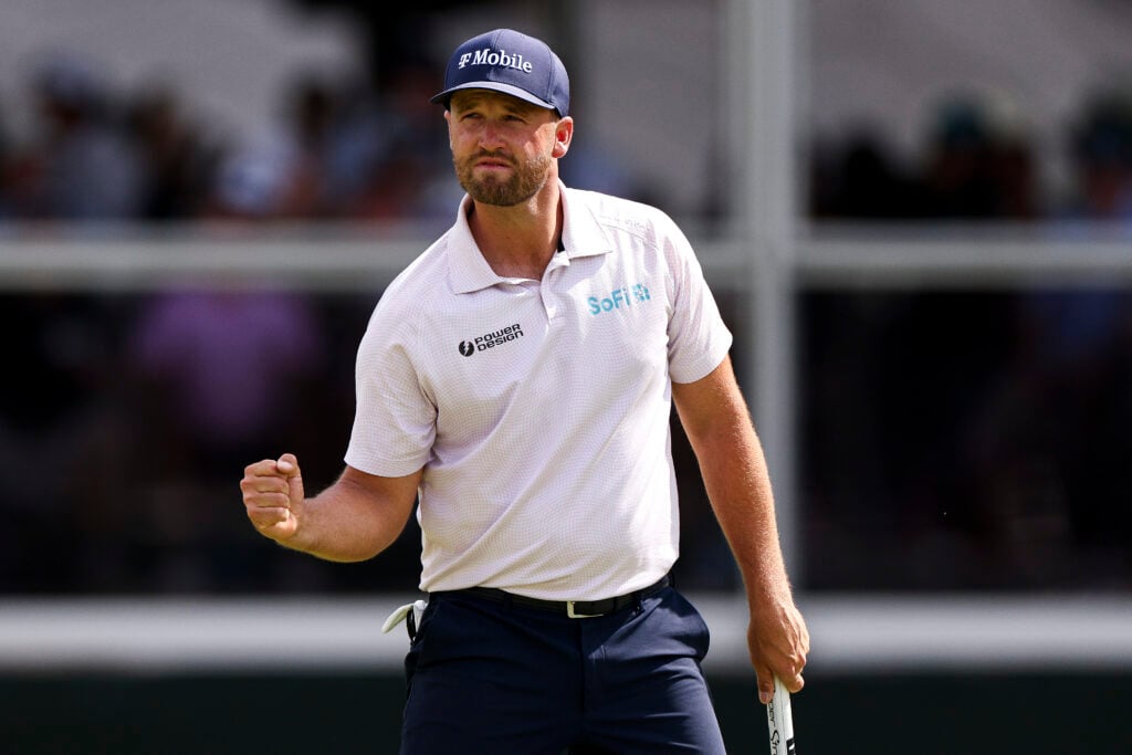 Wyndham Clark of the United States reacts after making a birdie on the 17th hole green during the final round of THE CJ CUP Byron Nelson 2026 at TPC Craig Ranch