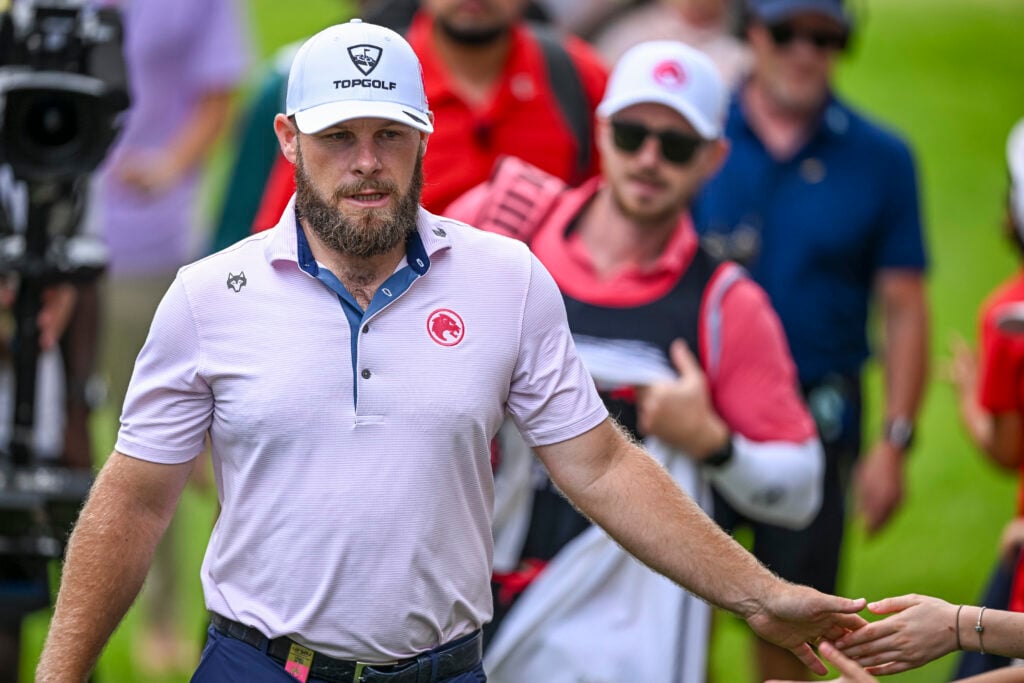 Tyrrell Hatton interacts with the fans during the third round of LIV Golf Andalucia