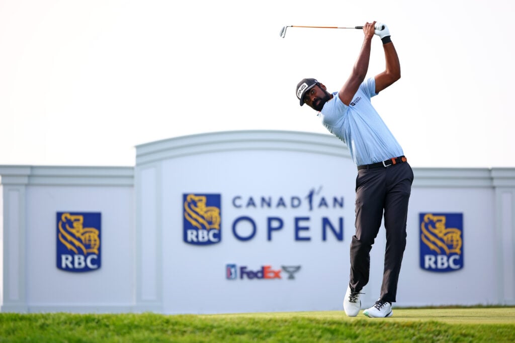 Sahith Theegala of the United States plays his shot from the tenth tee during the first round of the RBC Canadian Open 2026