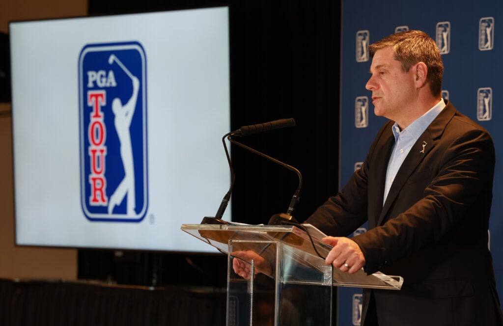 Brian Rolapp speaks to the media as he announces changes to the PGA Tour