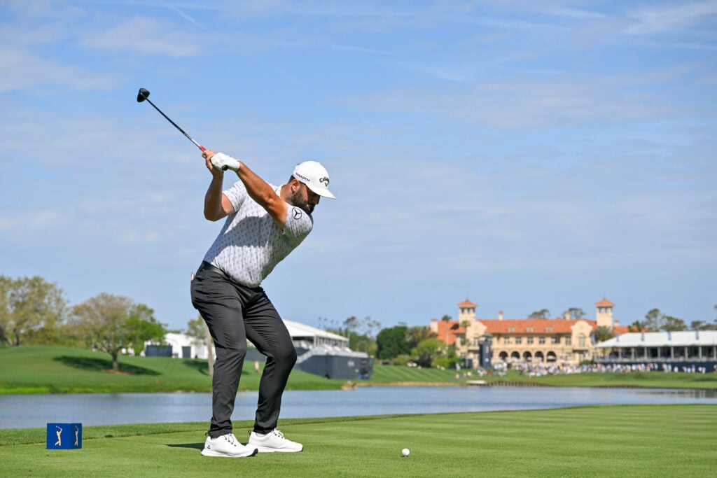 Jon Rahm tees off on the last hole during the first round of The Players Championship in 2023