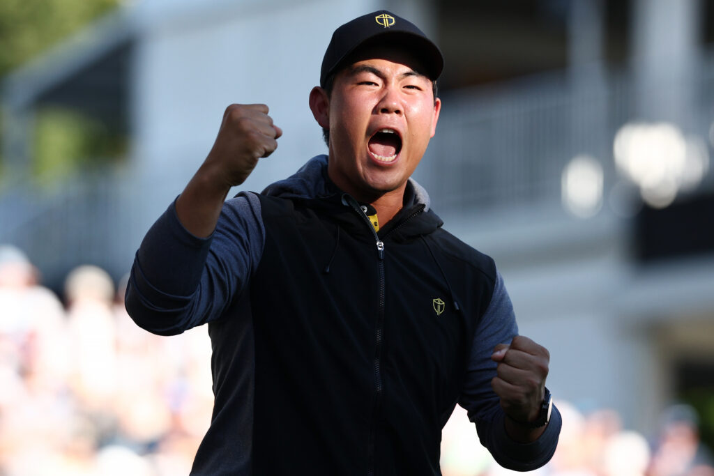 Tom Kim celebrates on the second day of the 2024 Presidents Cup