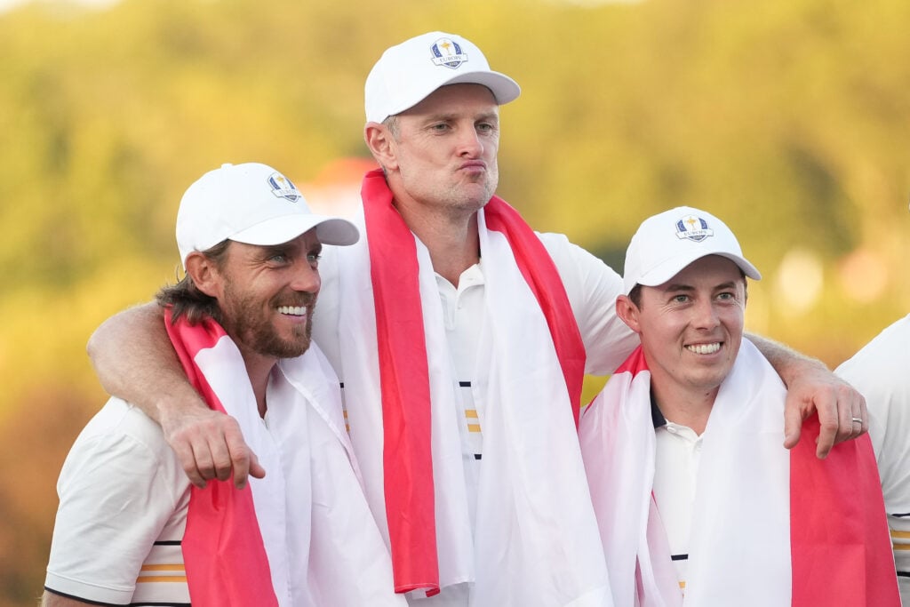 Justin Rose, Matt Fitzpatrick, and Tommy Fleetwood celebrate Europe's Ryder Cup win