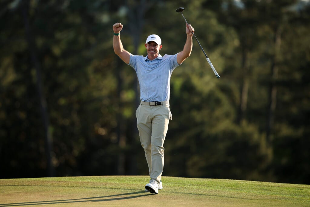Rory McIlroy celebrates after winning The Masters for a second time