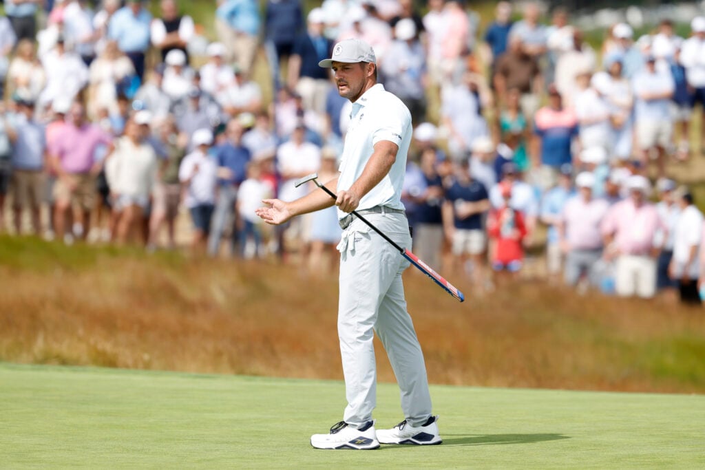 Bryson DeChambeau reacts to his putt on the ninth hole during the second round of the US Open