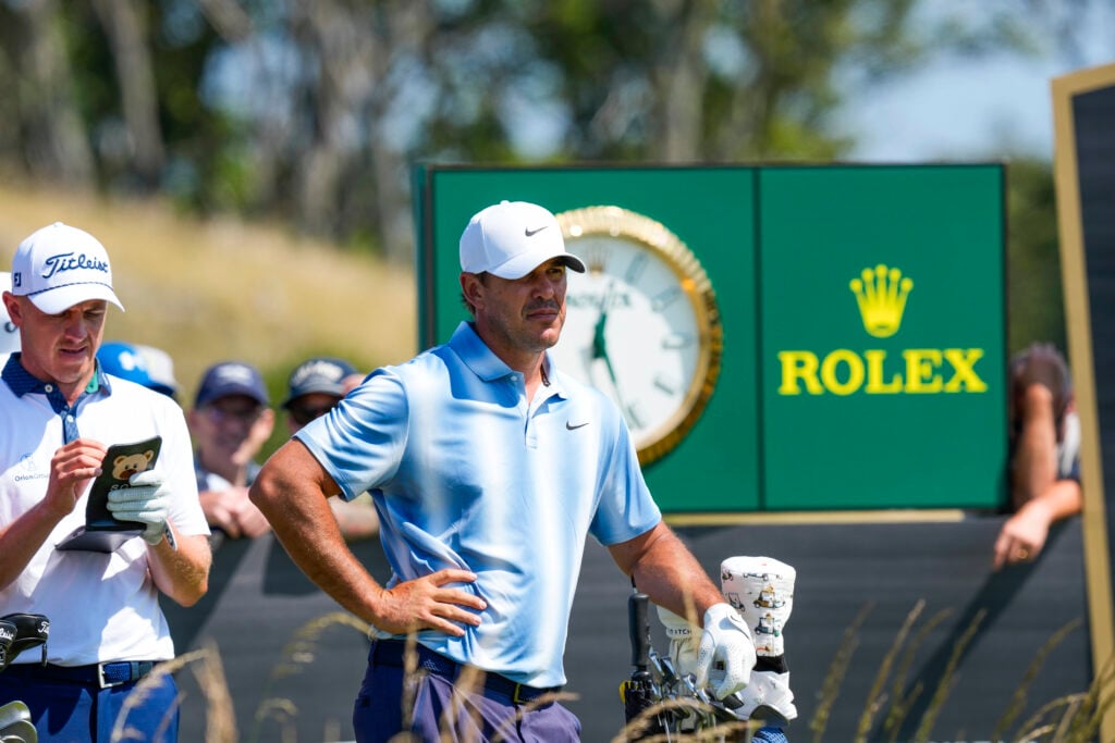Brooks Koepka waits on the ninth tee at The Renaissance Club during the first round of the Scottish Open