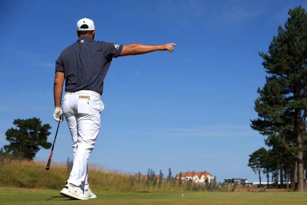 Jon Rahm of Spain reacts following his tee shot on the 11th hole on day two of the Genesis Scottish Open 2026