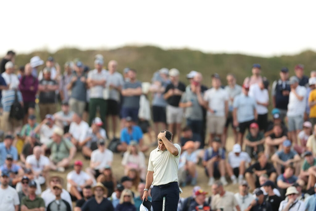 Rory McIlroy of Northern Ireland looks dejected on the 15th green on day one of the The 154th Open Championship at Royal Birkdale